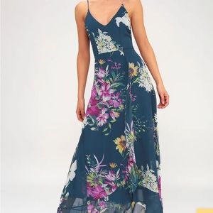 Passion Island Teal Blue Floral Print Maxi Dress